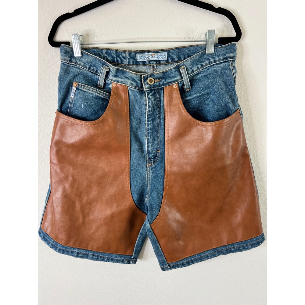 Vintage Joujou Denim Chap Shorts Blue Brown Faux Leather Western High Waist